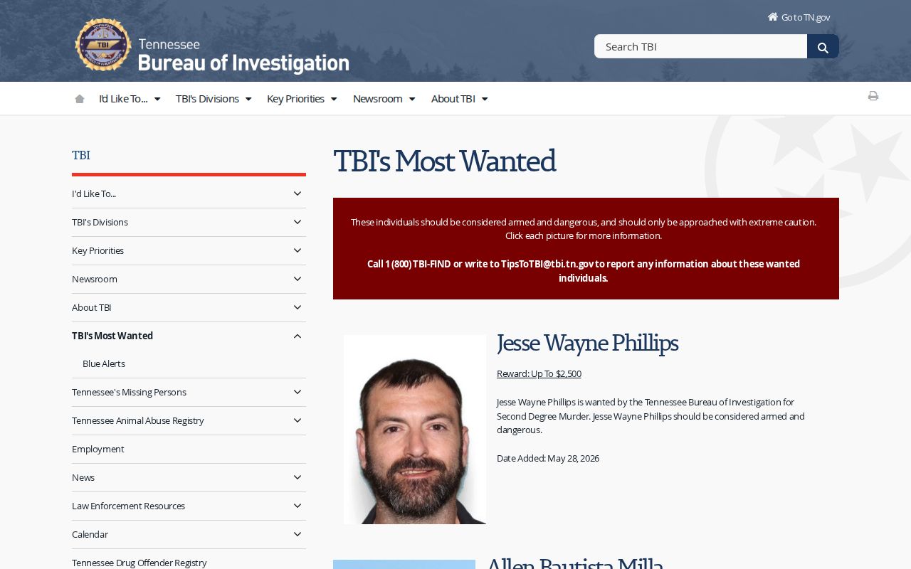 Lake County wanted-record reference, Tennessee TBI statewide Most Wanted source