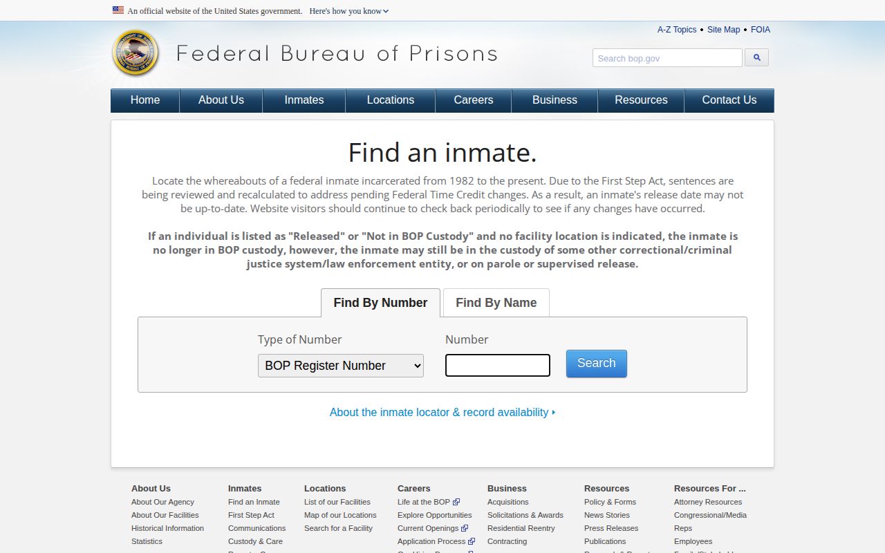 Lake County federal custody reference, Bureau of Prisons inmate locator source