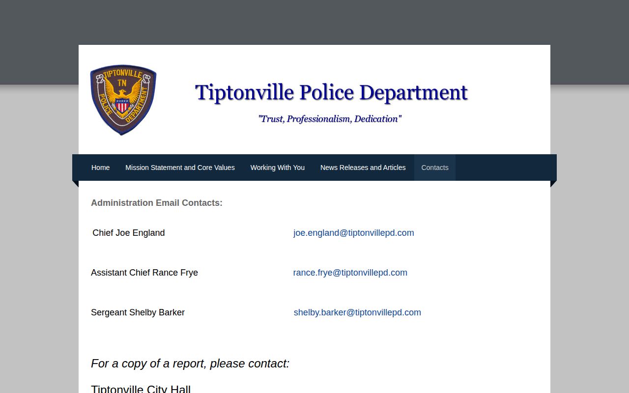 Tiptonville Police Department contact information for Lake County arrest-record requests