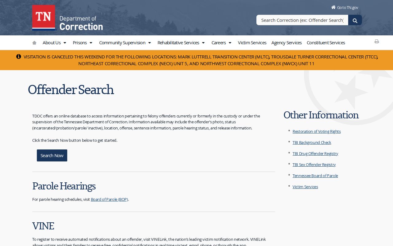 Lake County Tennessee TDOC offender-record search source